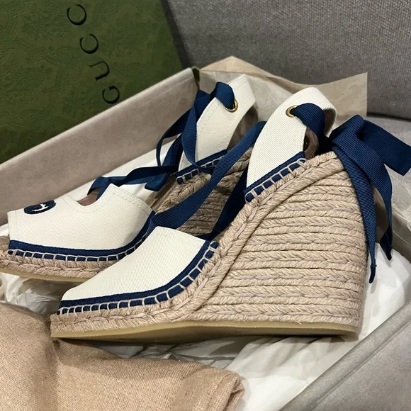 NEW Gucci GG Judie Lace Up Ballerina Espadrille Wedges - Picture 5 of 10